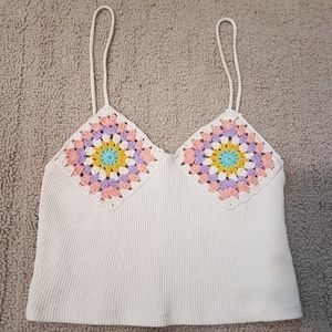 Zara Festival Crochet Eyelet Ribbed Beige Cotton Blend Crop Top Multi Color Sz M